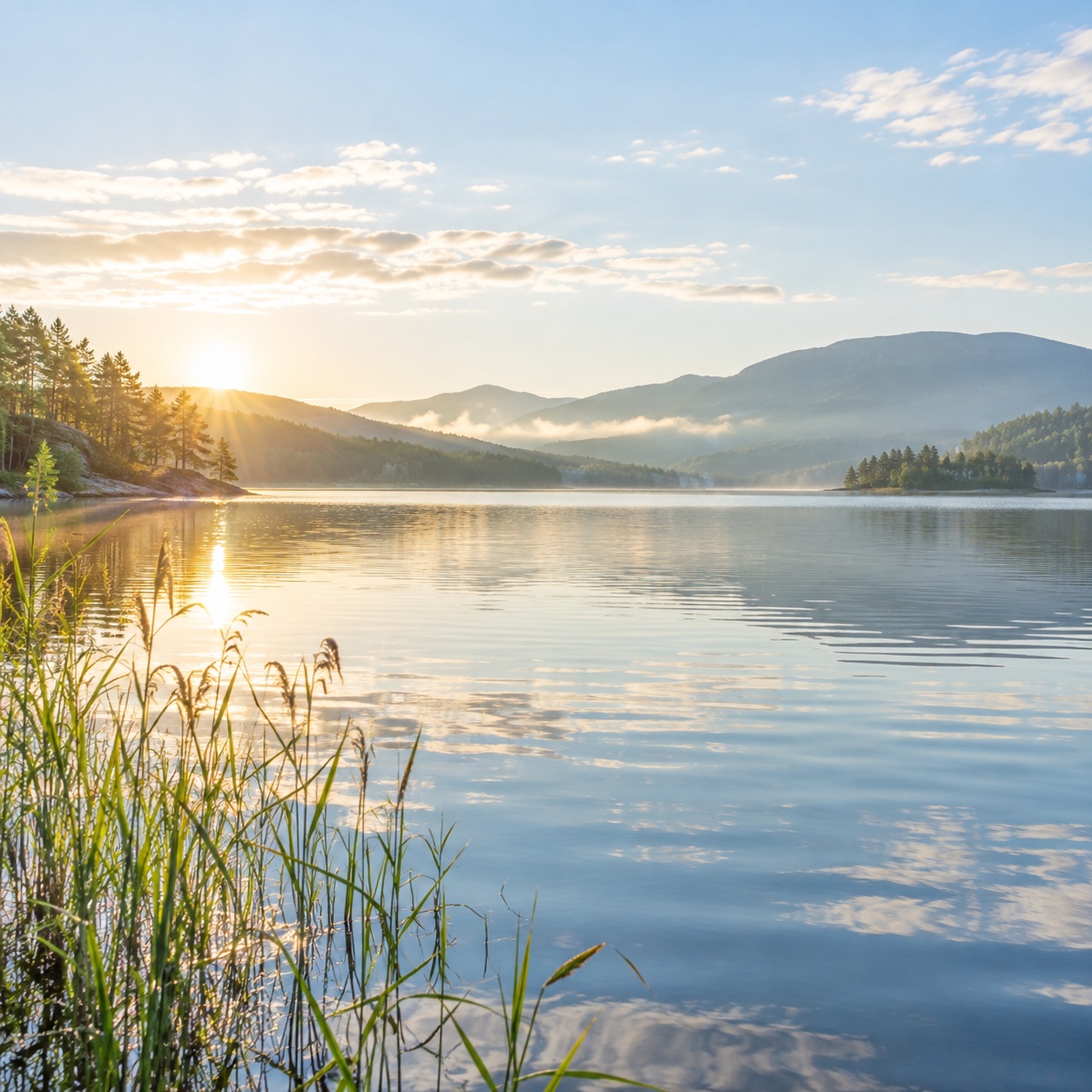 Varm morgensol over stille vann, med grønne åser og siv i forgrunnen
